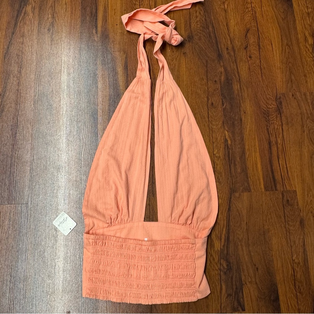 Free People Orange Tie Front Tank Top | Size L (8) | Smocked Back - Picture 3 of 8